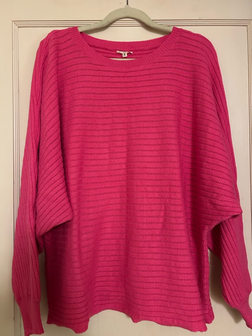 JODIFL Bright Hot Pink Open-Knit Crew Neck Sweater